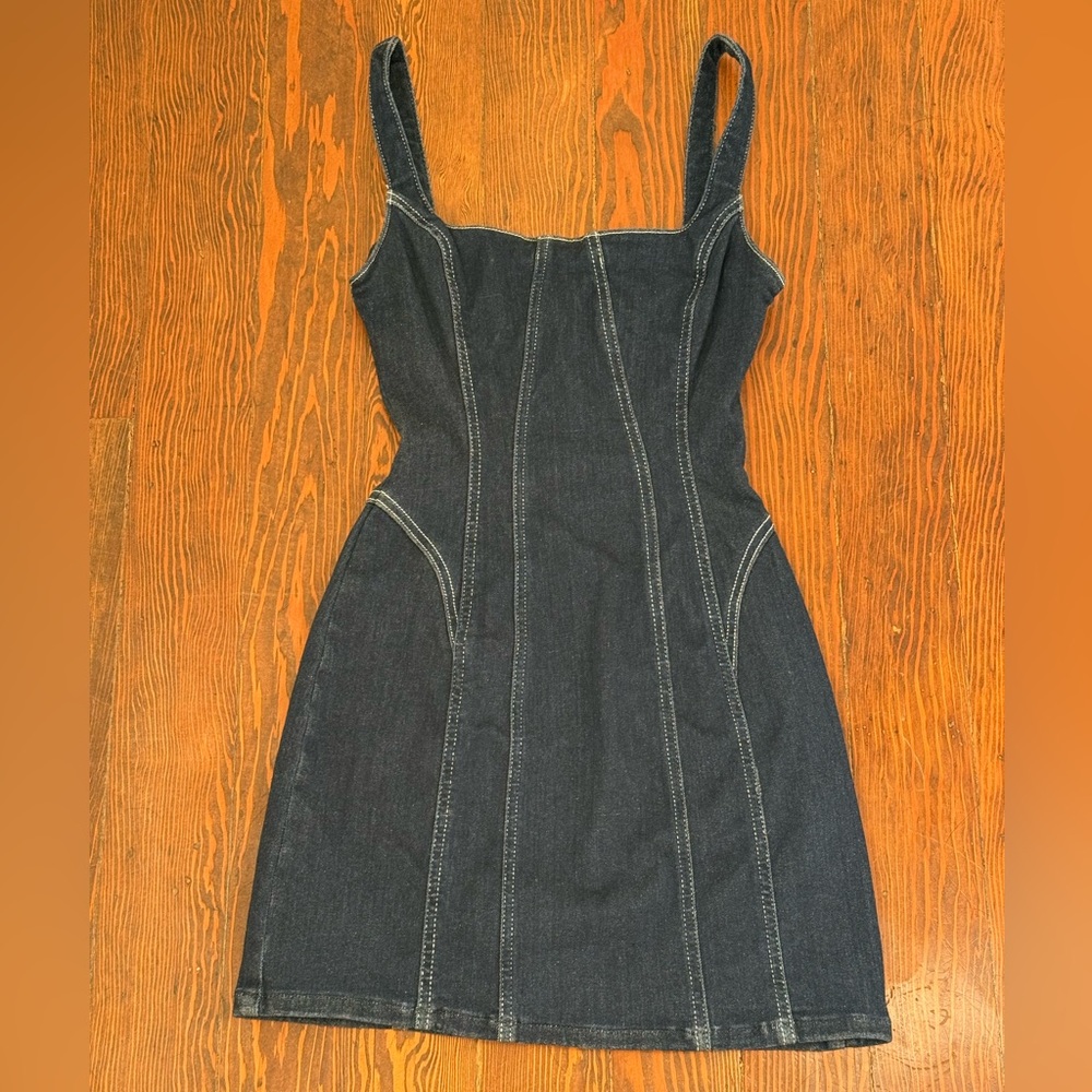 Zara Dark Blue Denim Mini Dress with Contrast Stitching